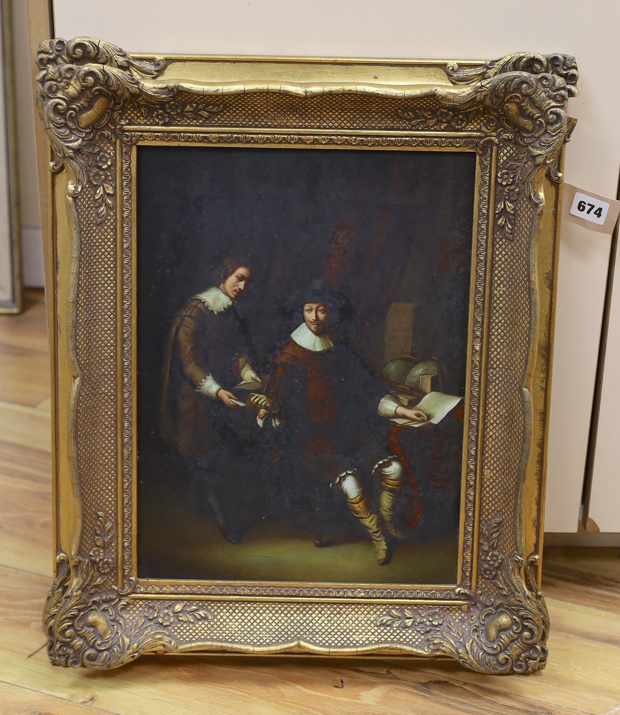 Collier, oil on wooden panel, modern oil on the 17th century style, Interior with two figures, signed, 39 x 29cm